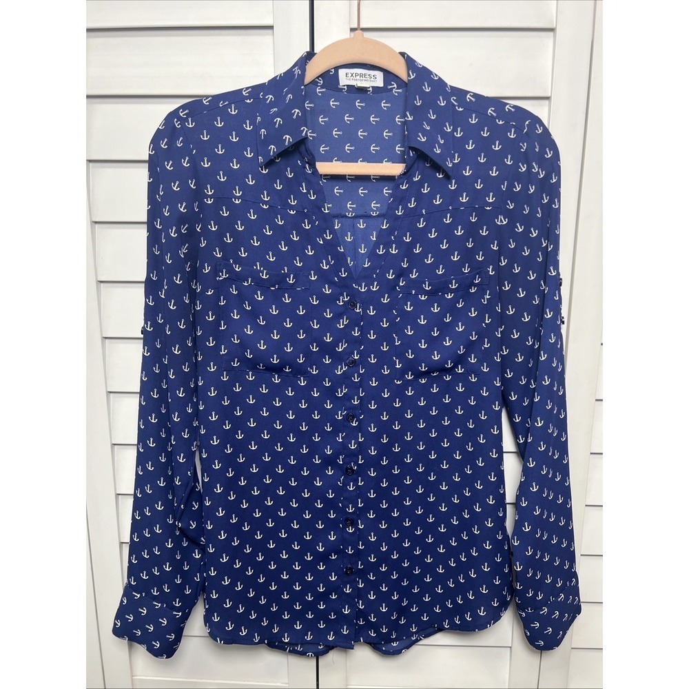 Express Anchor Print Long Sleeve Portofino Button Down Fisherman Top Size Small
